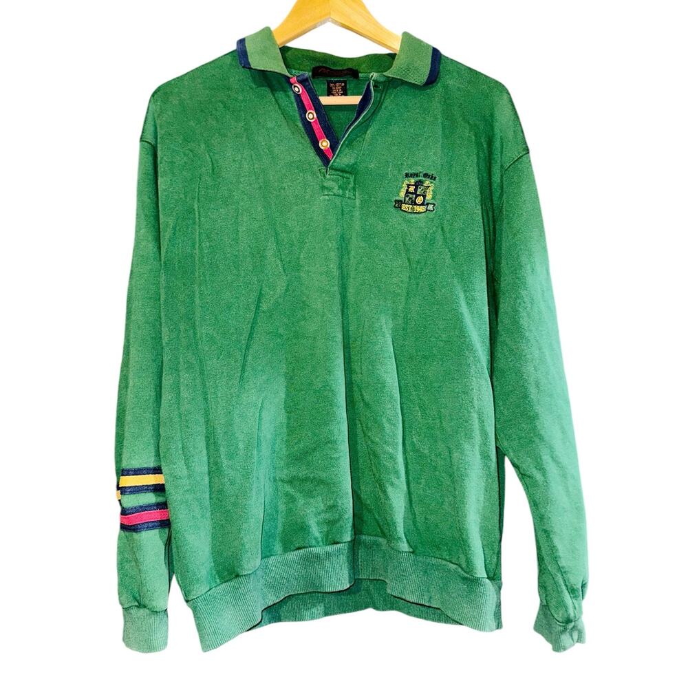 Vintage Antigua Golf Royal Oaks Long Sleeve Polo Shirt Kelly Green Men Sz Medium